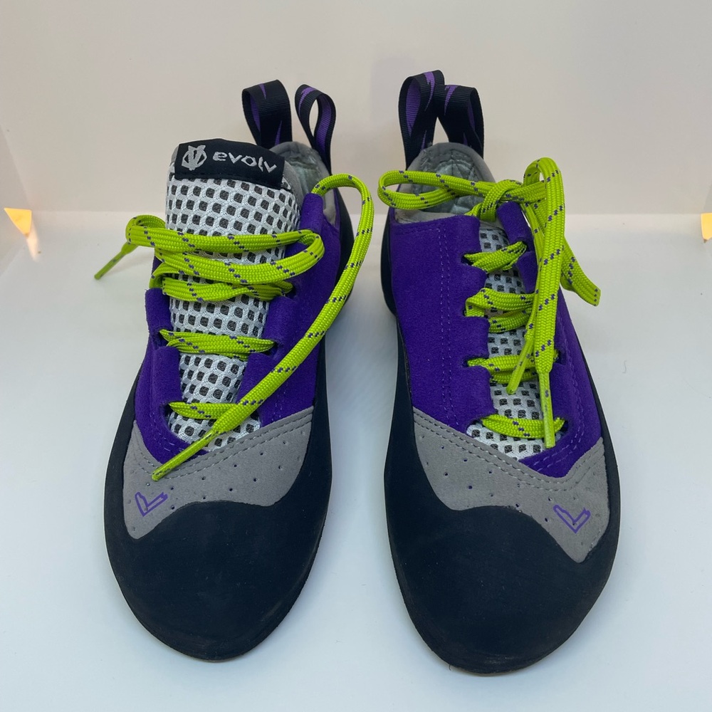 Evolv Women's Purple and Gray Climbing Shoes with Lime Laces
